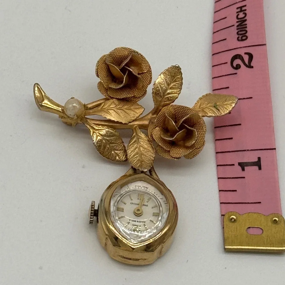 Vintage 60s Golden Shield Swiss Made Mechanical Rose Lapel Watch Brooch Pin